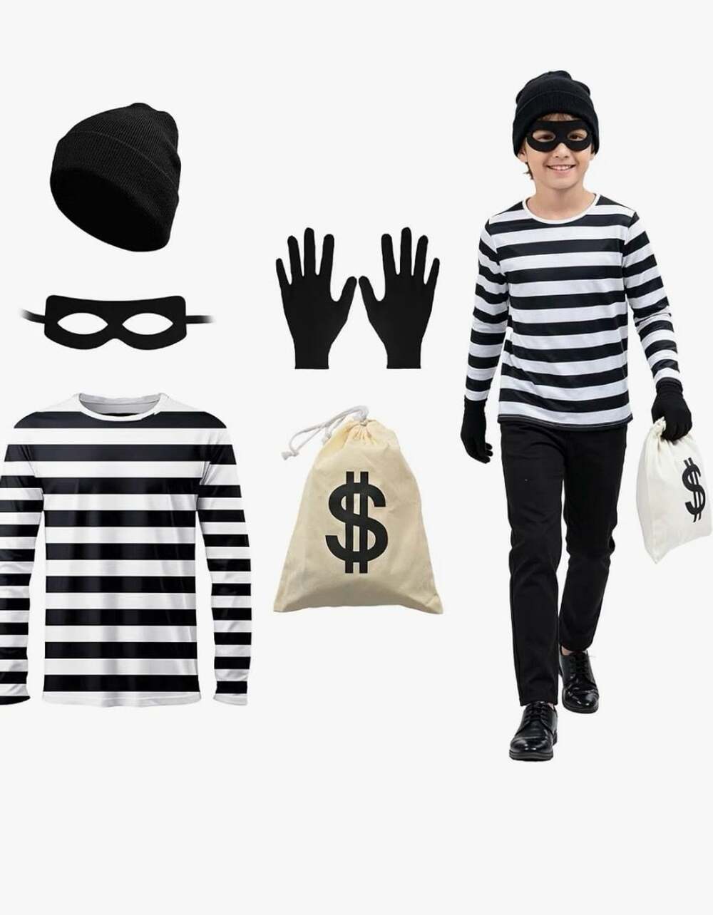 Halloween Burglar Costume Set Kids Black And White Striped Size Large